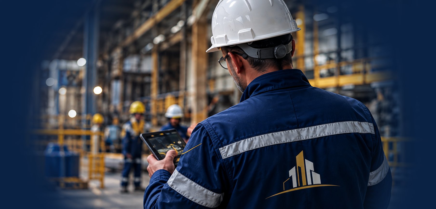 Equipe industrial equipada com proteção e uniforme